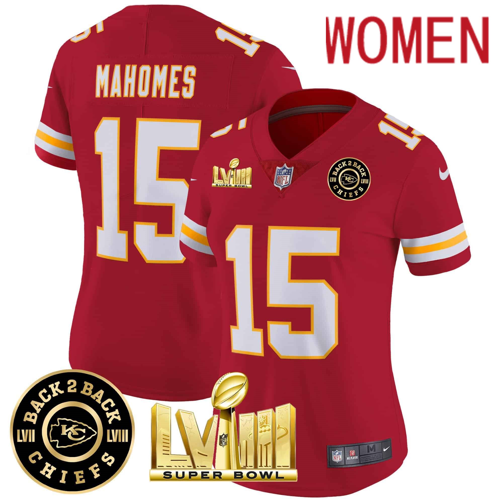 Women Kansas City Chiefs 15 Mahomes Red 2024 Nike Super Bowl LVIII & Back 2 Back Patch Vapor NFL Jersey style 3